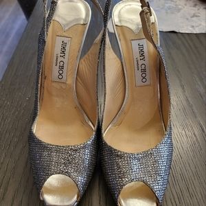 Jimmy Choo cocktail heels, 39.5 (9.5), silver glitter